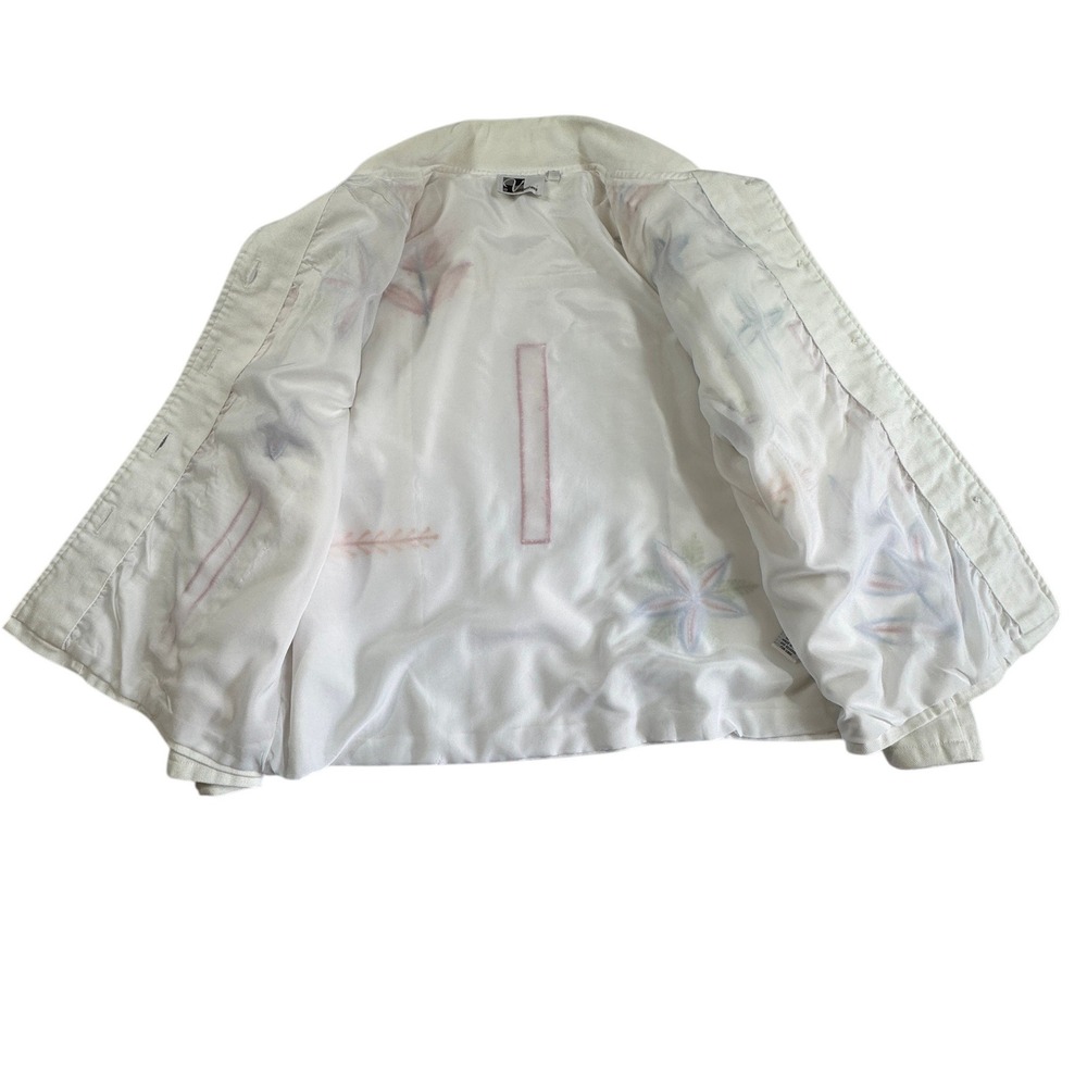 Variations White Embroidered Denim Jacket Womens Large Floral‎ Applique Buttons - Picture 4 of 15